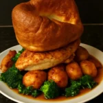 Delicious roast chicken served with Yorkshire pudding on a dinner plate.