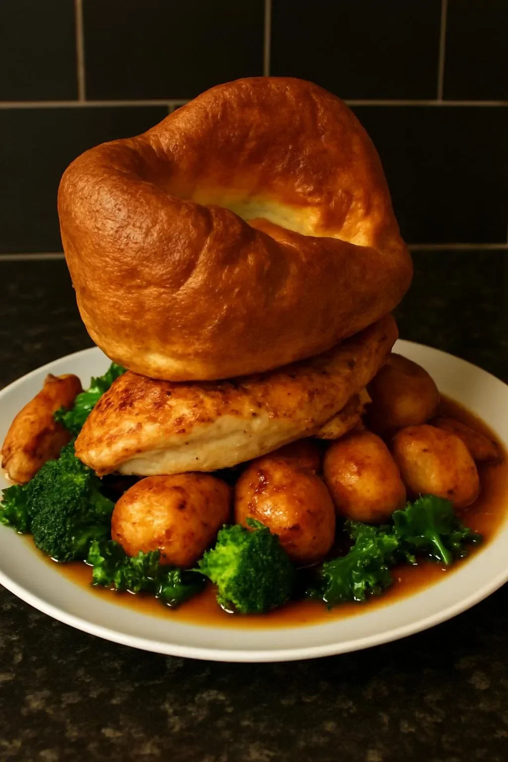 Delicious roast chicken served with Yorkshire pudding on a dinner plate.