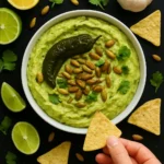 Bowl of roasted jalapeño hummus garnished with paprika and olive oil