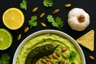 Bowl of roasted jalapeño hummus garnished with paprika and olive oil