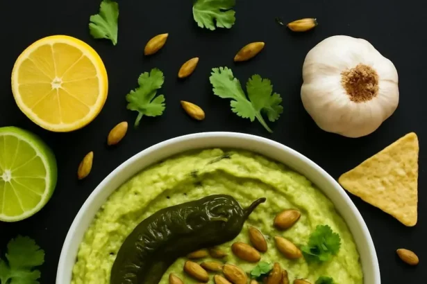 Bowl of roasted jalapeño hummus garnished with paprika and olive oil