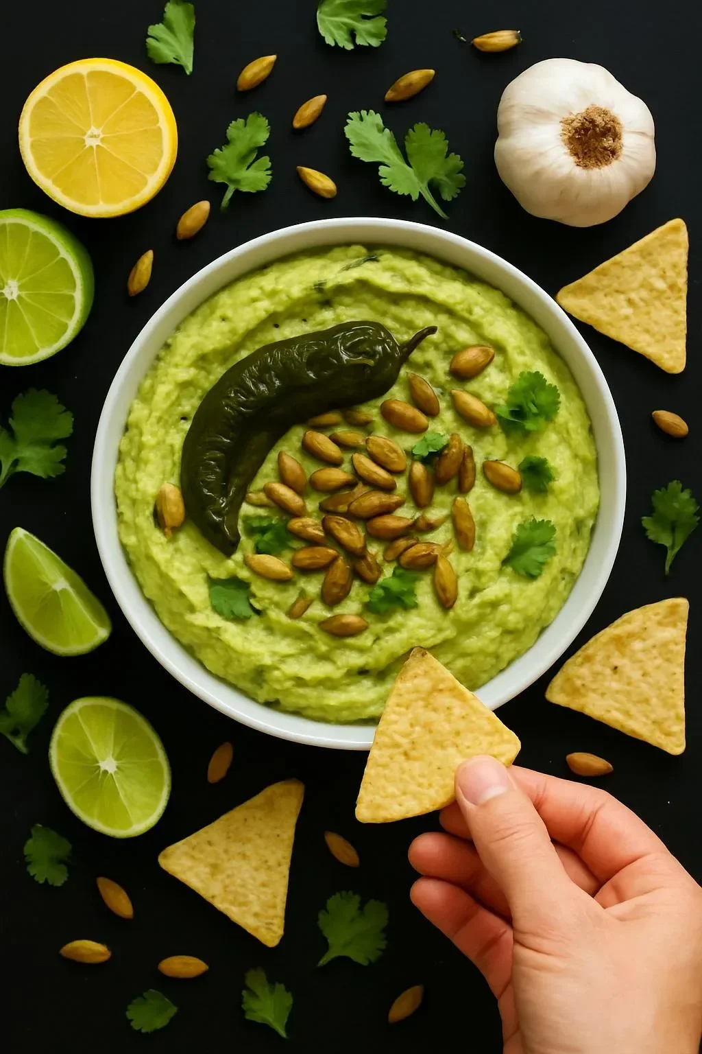 Bowl of roasted jalapeño hummus garnished with paprika and olive oil