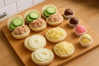 Salmon and cucumber sandwich served on a plate with fresh herbs