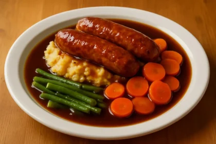 Sausage mash served with onion gravy and colorful vegetables on a plate