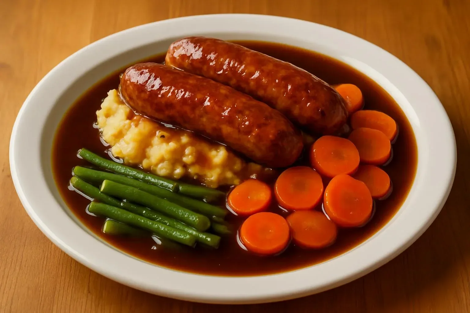 Sausage mash served with onion gravy and colorful vegetables on a plate