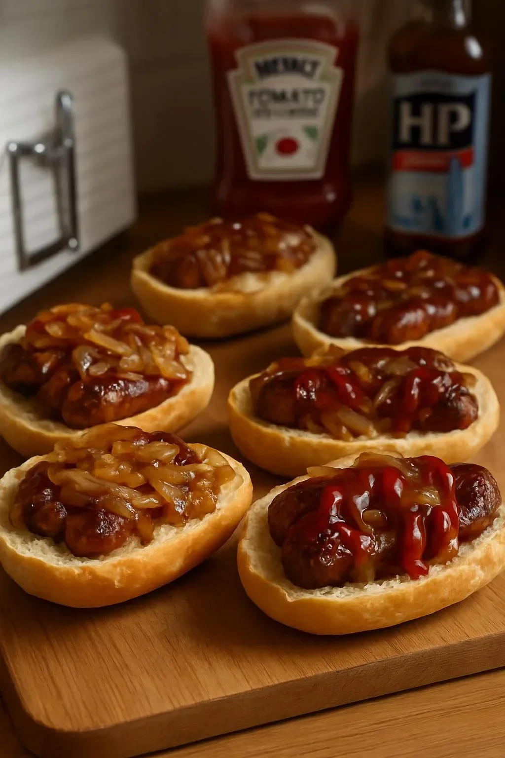 Delicious sausage and onion dish served on a rustic plate.