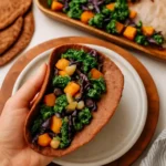 Savory teff crepes filled with miso squash for a healthy and gluten-free meal.