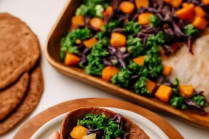 Savory teff crepes filled with miso squash for a healthy and gluten-free meal.