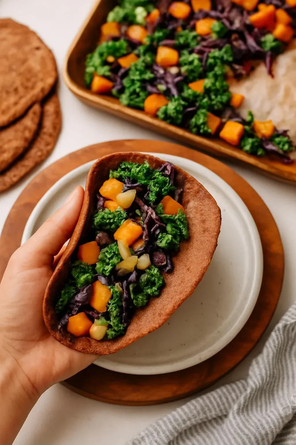 Savory teff crepes filled with miso squash for a healthy and gluten-free meal.
