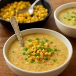 Bowl of simple summer corn soup garnished with fresh herbs