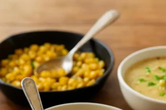 Bowl of simple summer corn soup garnished with fresh herbs