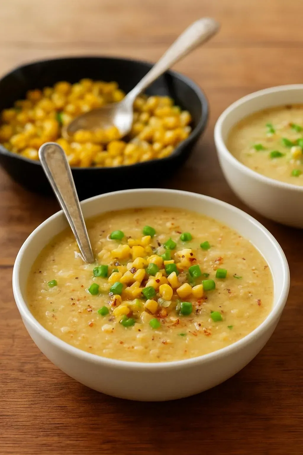 Bowl of simple summer corn soup garnished with fresh herbs