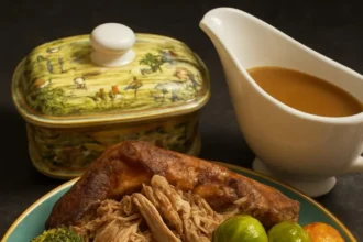 Delicious slow cooked lamb shoulder served with Yorkshire pudding and mashed potatoes.