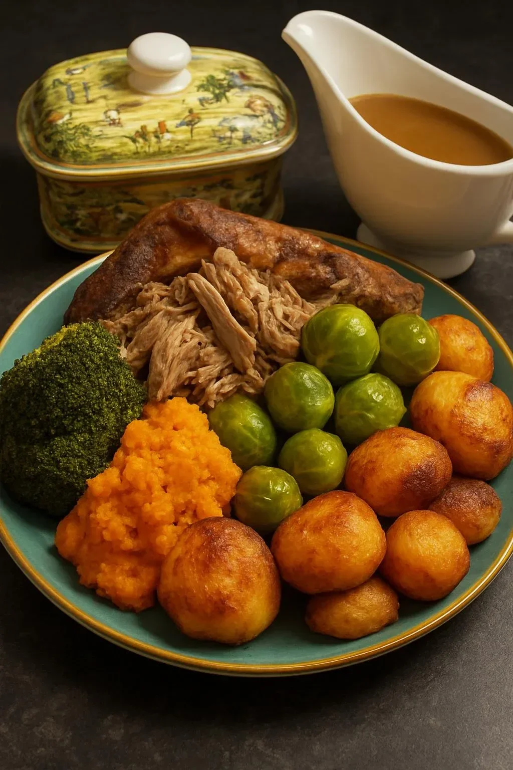 Delicious slow cooked lamb shoulder served with Yorkshire pudding and mashed potatoes.