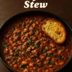 Smoky sundried tomato and white bean stew in a bowl, garnished with herbs.