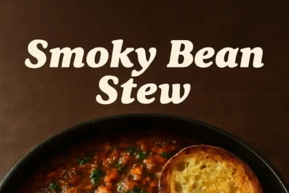 Smoky sundried tomato and white bean stew in a bowl, garnished with herbs.