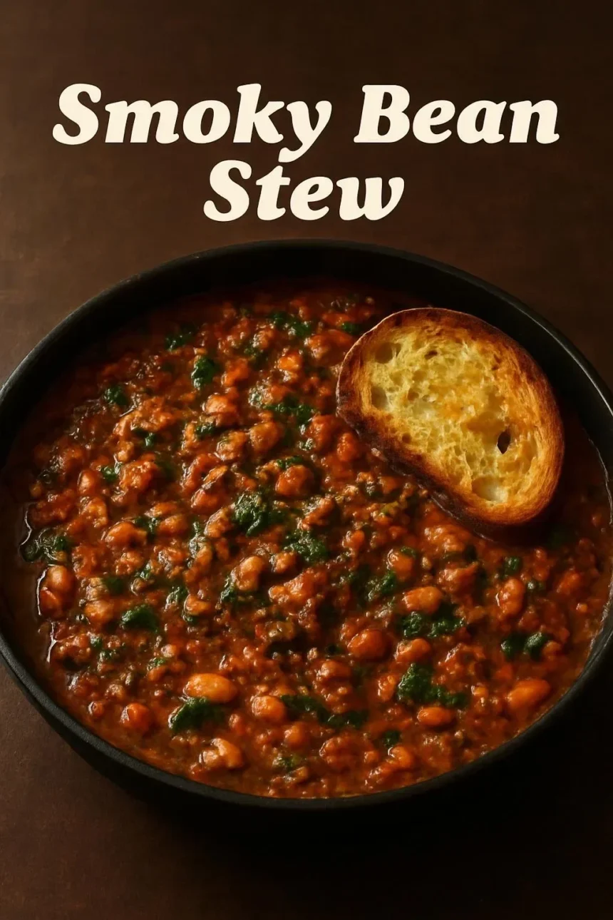 Smoky sundried tomato and white bean stew in a bowl, garnished with herbs.