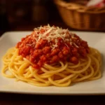 Delicious Spaghetti Bolognese served with fresh herbs and grated cheese.