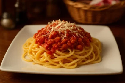 Delicious Spaghetti Bolognese served with fresh herbs and grated cheese.