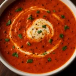 A bowl of spiced tomato soup garnished with herbs and served with crusty bread.
