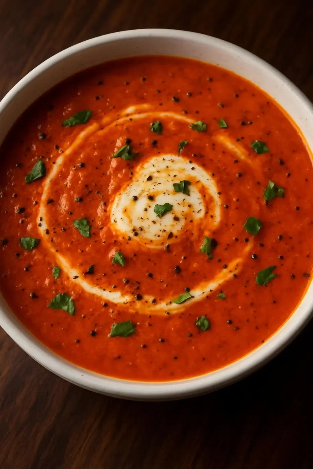 A bowl of spiced tomato soup garnished with herbs and served with crusty bread.