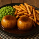 Steak puddings with homemade chips, mushy peas, and gravy on a plate.