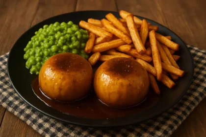 Steak puddings with homemade chips, mushy peas, and gravy on a plate.
