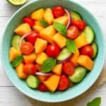 Fresh Tomato Cantaloupe Salad with vibrant colors and textures served in a bowl.