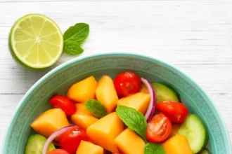 Fresh Tomato Cantaloupe Salad with vibrant colors and textures served in a bowl.