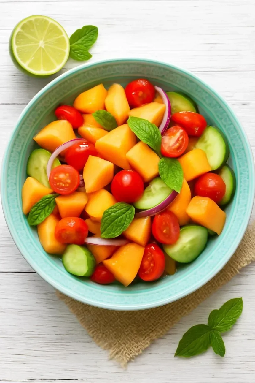 Fresh Tomato Cantaloupe Salad with vibrant colors and textures served in a bowl.