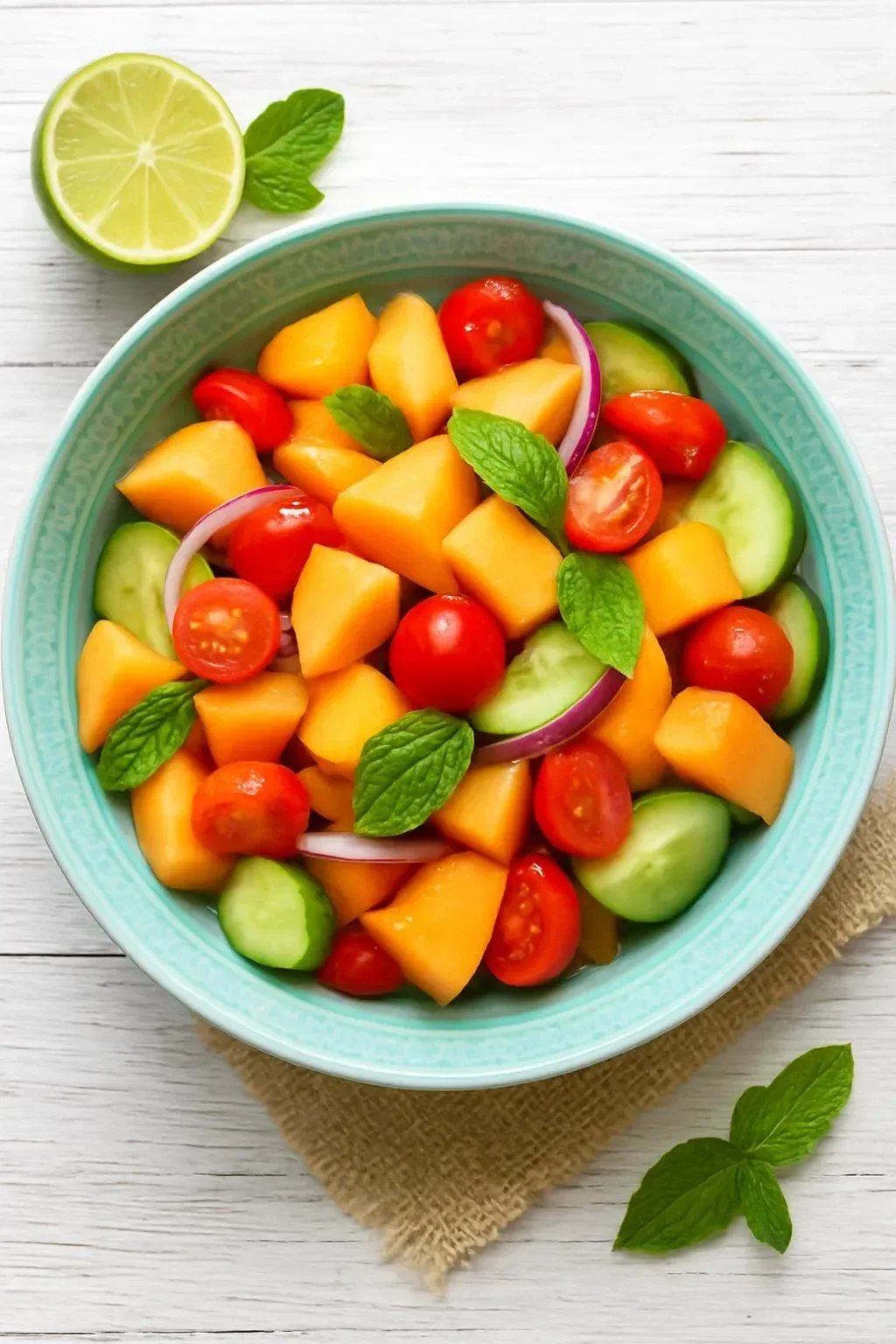 Fresh Tomato Cantaloupe Salad with vibrant colors and textures served in a bowl.