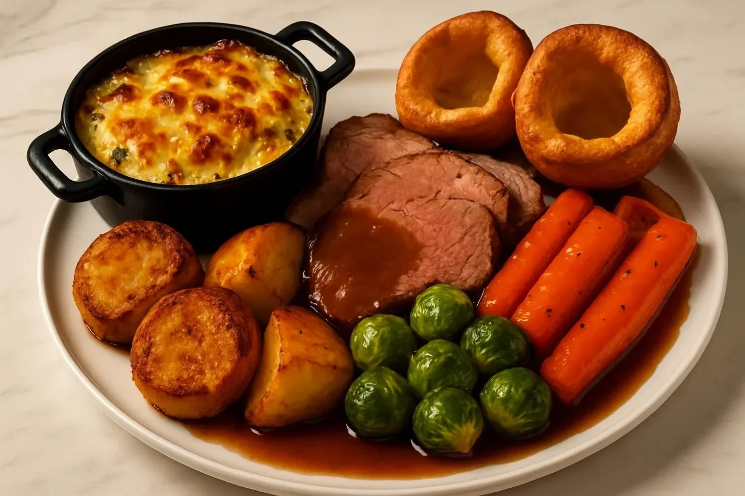 Delicious Sunday Roast served with vegetables and gravy