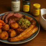 A beautifully arranged Sunday roast dinner with a variety of meats and sides.
