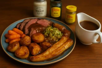 A beautifully arranged Sunday roast dinner with a variety of meats and sides.