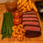 Delicious platter of Surf and Turf featuring steak and seafood