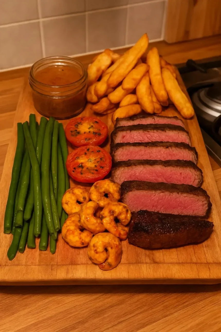 Delicious platter of Surf and Turf featuring steak and seafood