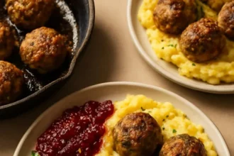 Plate of Thanksgiving turkey meatballs served with garnishes and sauce