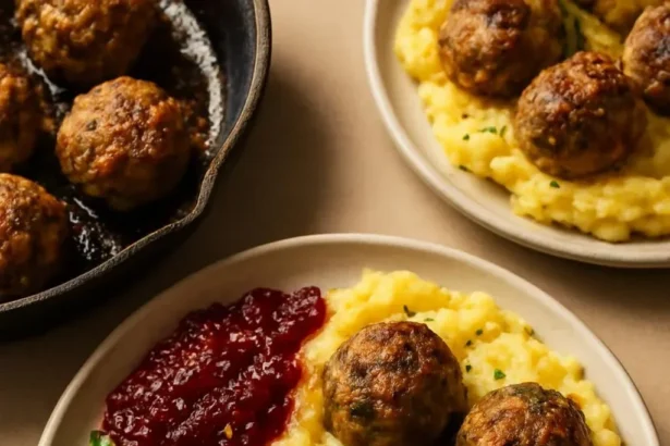 Plate of Thanksgiving turkey meatballs served with garnishes and sauce