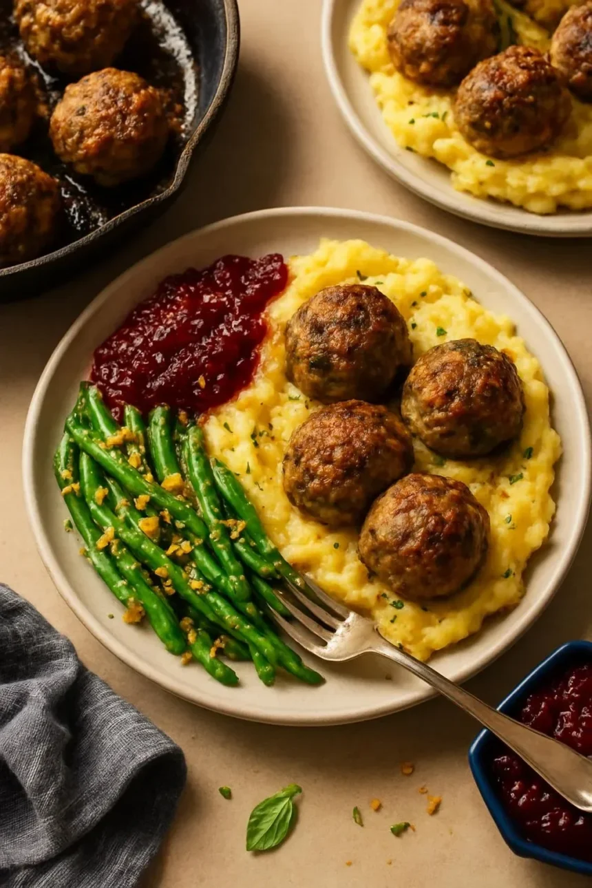 Plate of Thanksgiving turkey meatballs served with garnishes and sauce