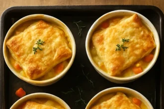 Thyme and White Bean Pot Pies served in individual dishes with herbs on top