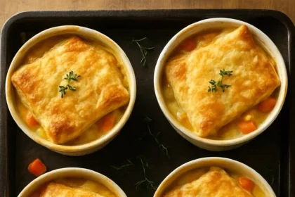Thyme and White Bean Pot Pies served in individual dishes with herbs on top