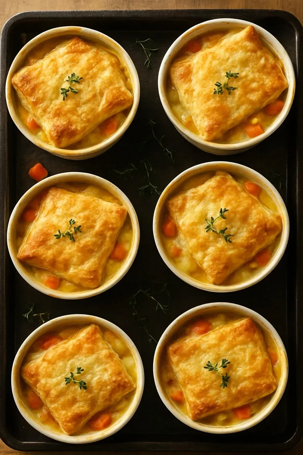 Thyme and White Bean Pot Pies served in individual dishes with herbs on top