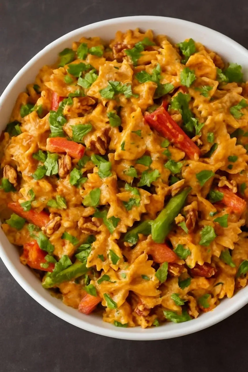 Tikka Masala Pasta Salad with colorful vegetables and spices