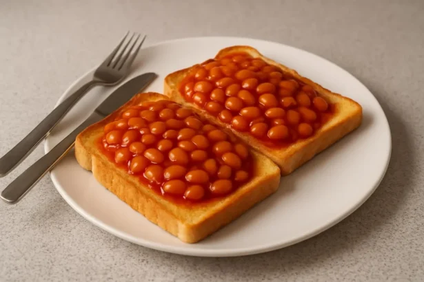 Delicious tinned tomatoes on toast served on a plate