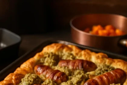 Toad in the Hole Christmas Style served with gravy and vegetables