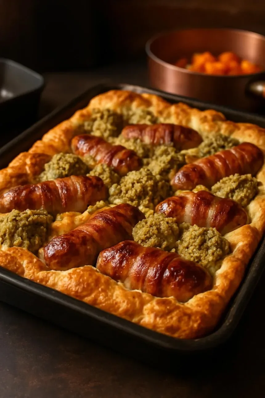 Toad in the Hole Christmas Style served with gravy and vegetables