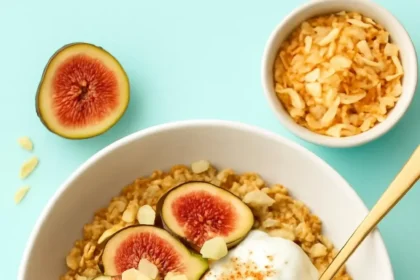 Toasted Coconut Baked Oatmeal in a bowl topped with coconut flakes and fruit