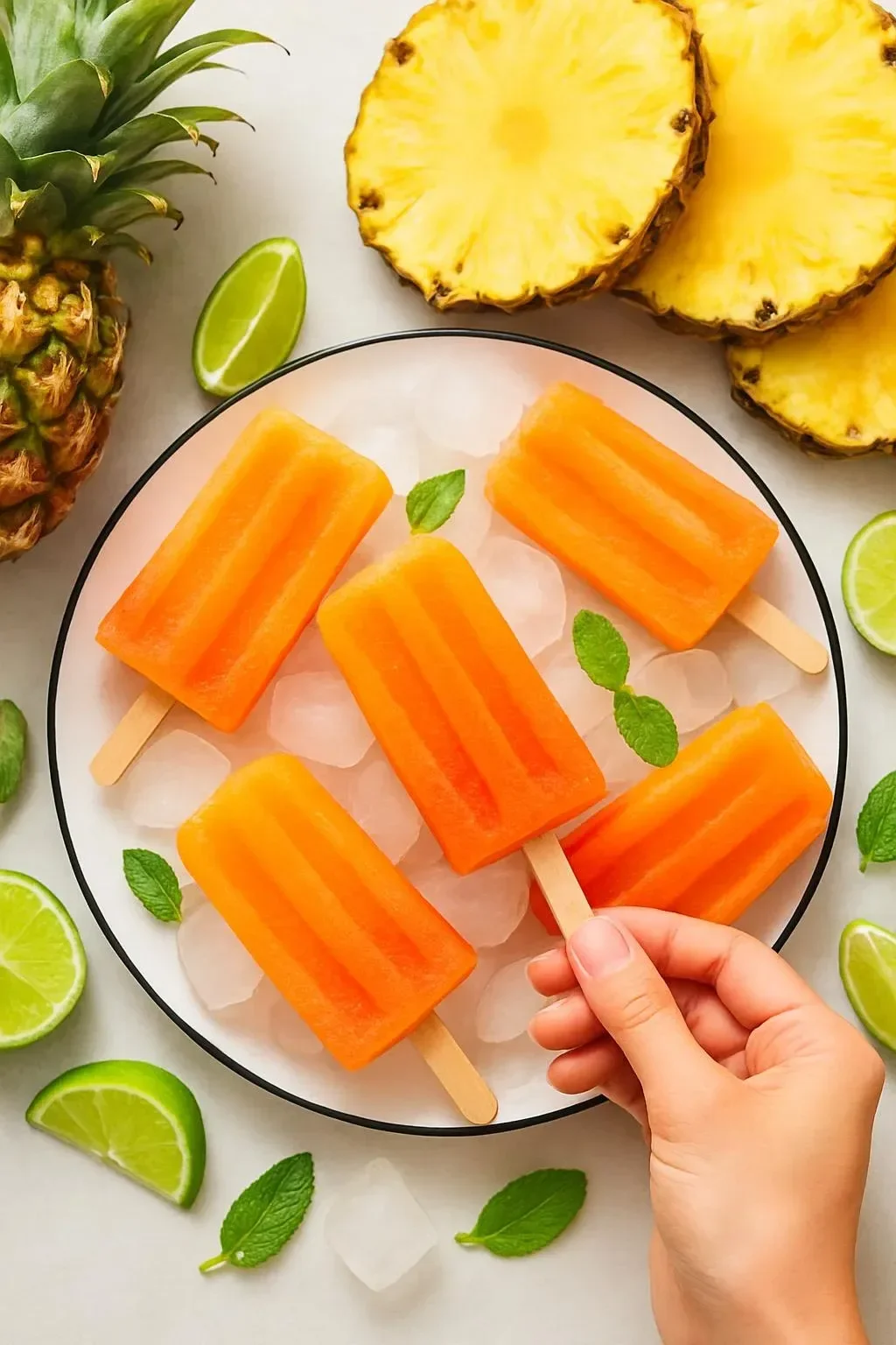 Delicious tropical fruit popsicles made from fresh fruits in vibrant colors