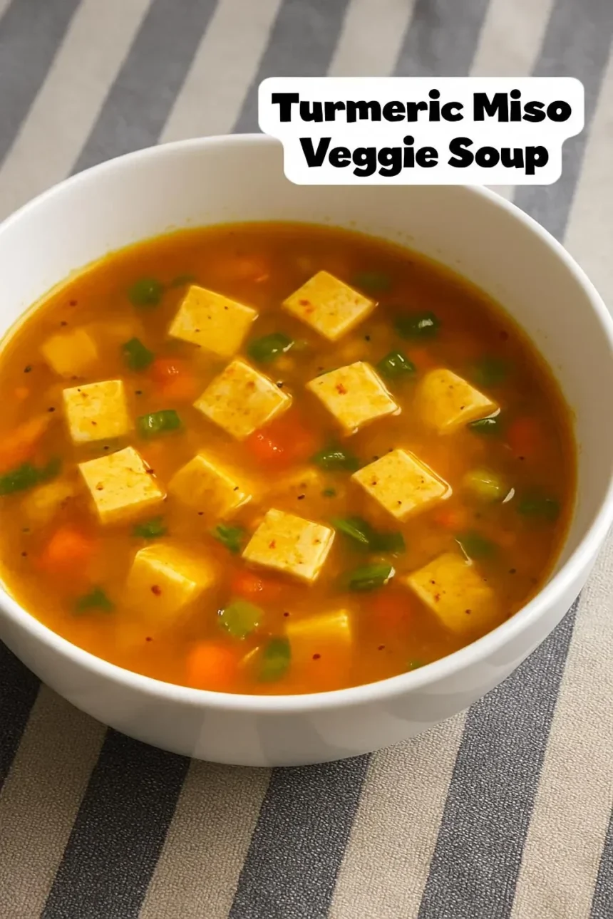 Bowl of turmeric miso soup with fresh ingredients and vibrant colors