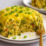 Delicious vegan breakfast casserole topped with fresh vegetables and herbs